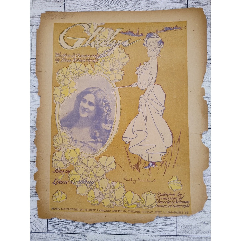 1901 Glady's Sheet‎ Music Louise Breheny Art Nouveau Cover Antique Ephemera